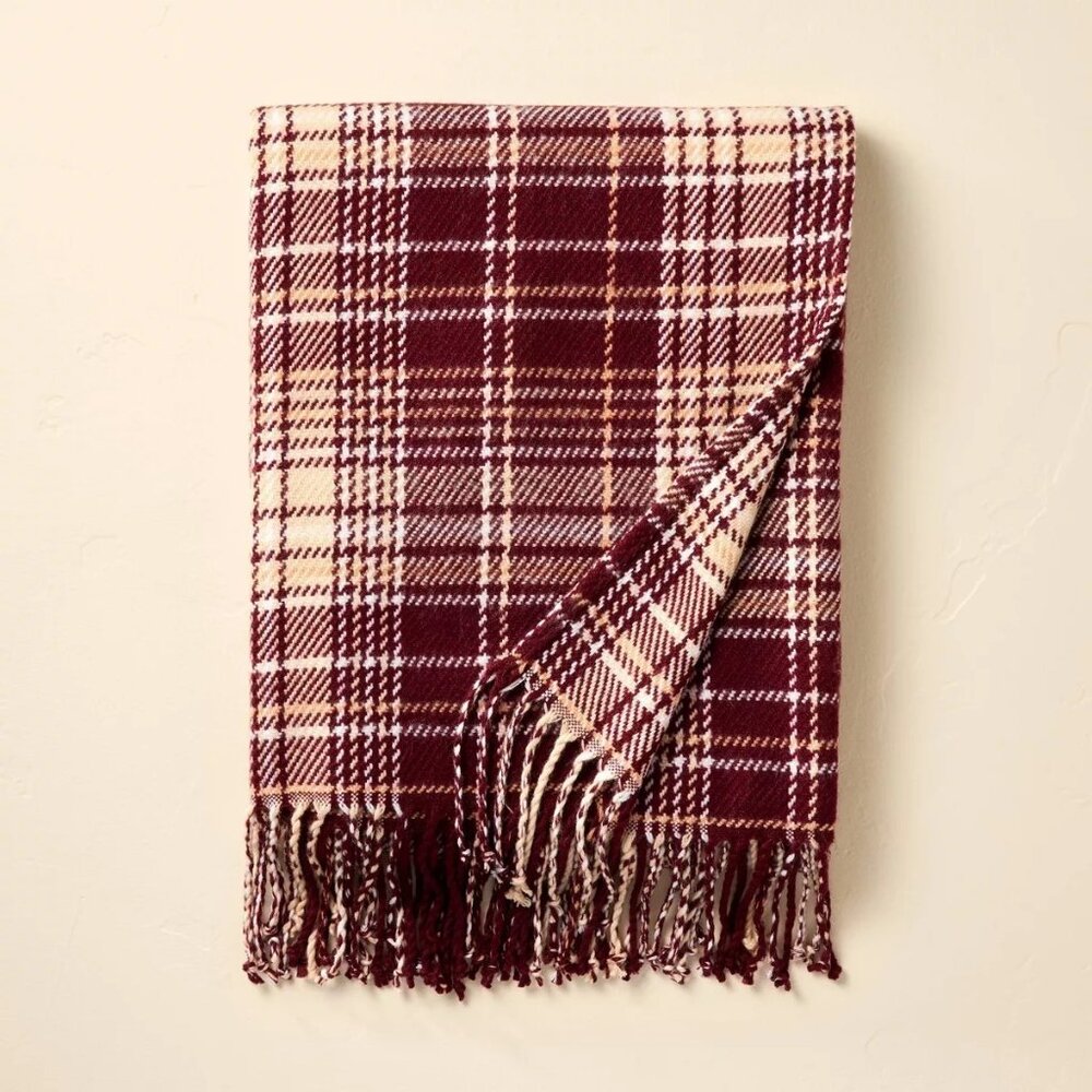 Hearth & Hand Burgundy and Cream Plaid Throw Blanket